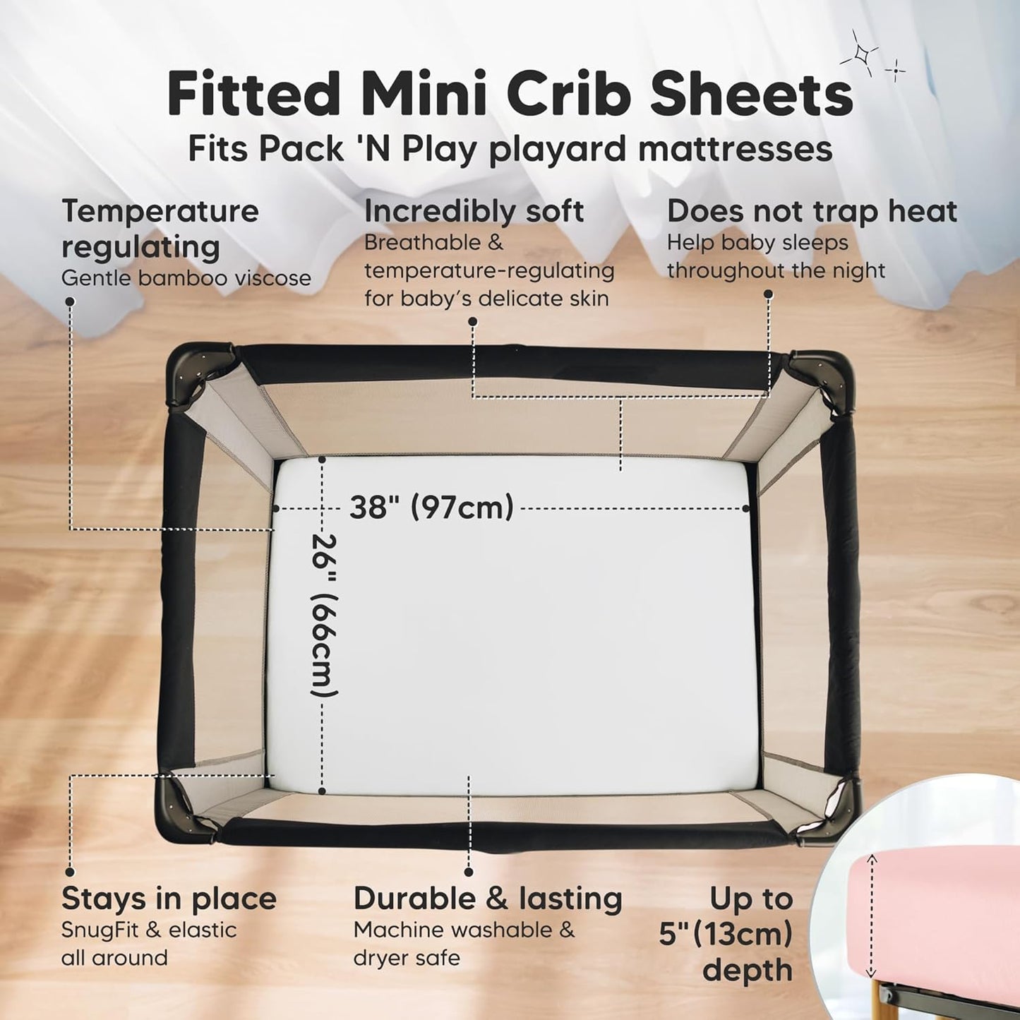 2-Pack Waterproof Pack and Play Sheets, Mini Crib Sheets Fitted for Boy, Girl - 38 x 26 Viscose from Bamboo Pack N Play Mattress Sheets for Graco, Toddler Playard Baby Crib Sheets Neutral (Blue Flax) - Colors B
