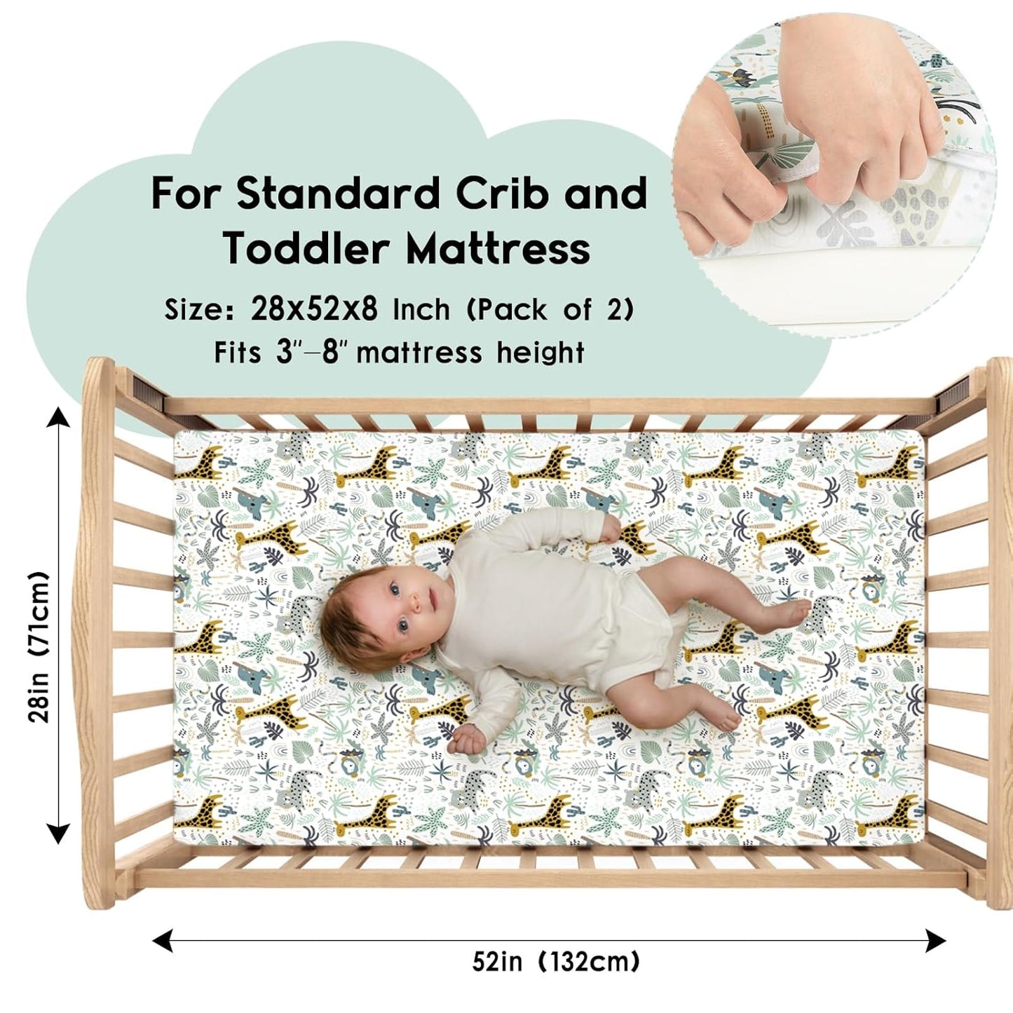 Yoofoss Pack and Play Sheets Fitted, Mini Crib Sheets 2-Pack for Pack N Play Mattress, Stretchy Playard Sheet, Soft and Breathable Green+Giraff