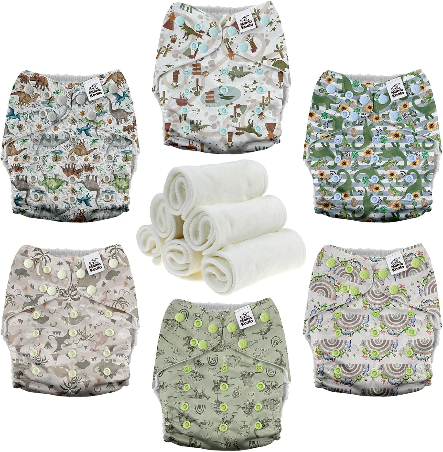 Mama Koala 3.0 Pocket Cloth Diapers for Babies with AWJ Lining, 6 Pack with 6 4-Layer Natural Cloth Diaper Inserts - Reusable and Washable Pocket Diapers(Hardworking Bees) - Colors A