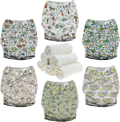 Mama Koala 3.0 Pocket Cloth Diapers for Babies with AWJ Lining, 6 Pack with 6 4-Layer Natural Cloth Diaper Inserts - Reusable and Washable Pocket Diapers(Hardworking Bees) - Colors A