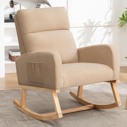 HCHAIRH Rocking Chair Nursery, Upholstered Fabricr Nursing Rocking Chairs with Soft High Back, Modern Nursery Glider Rocker for Mom Living Room, Bedroom, Camel