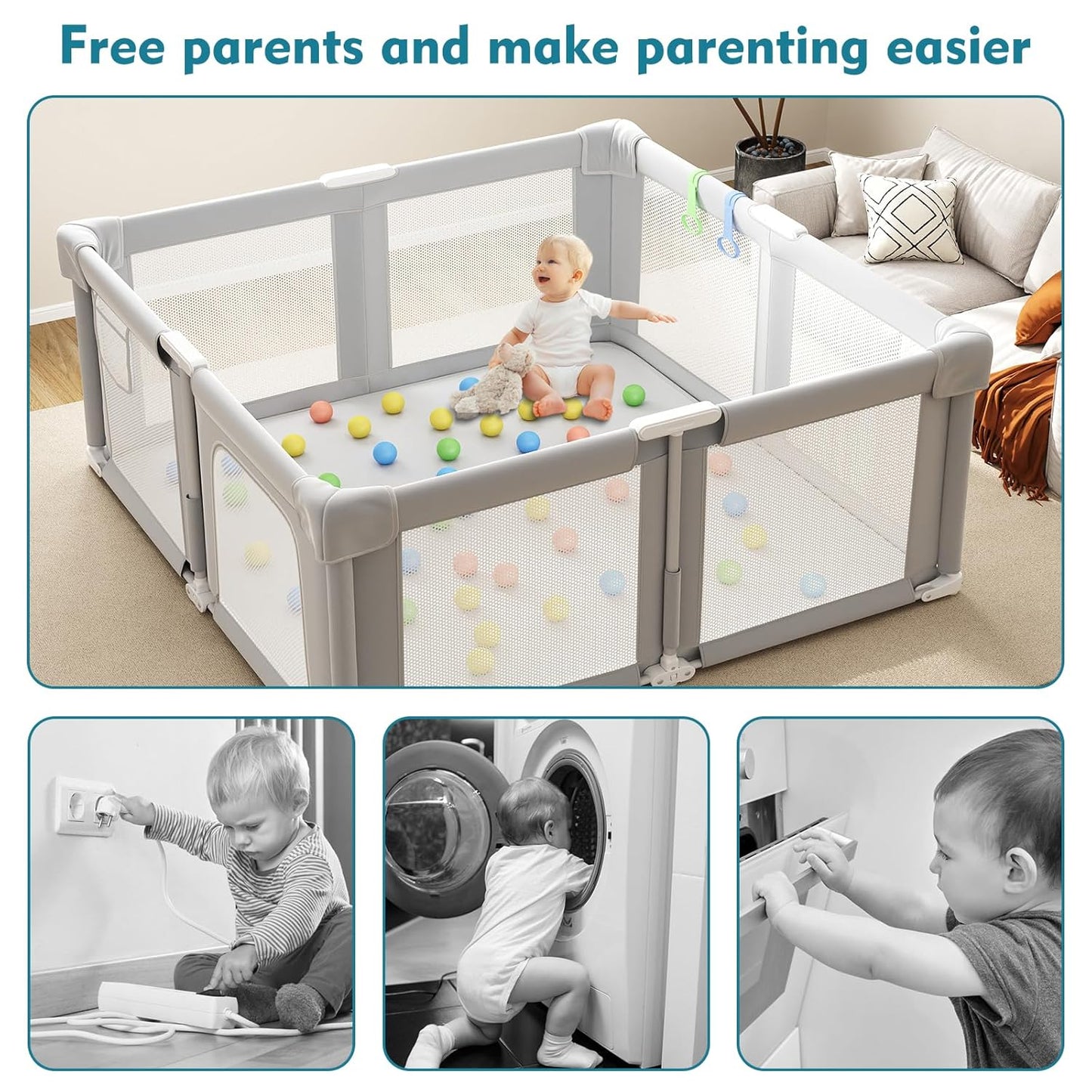 Foldable Playpen for Babies and Toddlers, 51" Portable Play Pen with Mat and Ocean Balls, Play Yard with with Visible Mesh for Inddor and Outdoor, No Assembly Required, Dark Gray
