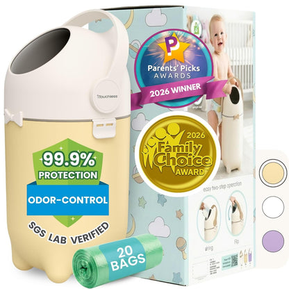 iTouchless Odor-Locking Diaper Pail - 2026 Award-Winning Ag+ Silver Ion Nursery Bin - Fits Any Bag, No Refills Needed - Includes 20 Leak-Proof Bags (Hold 300 Diapers) - Boho White Baby Registry Gift