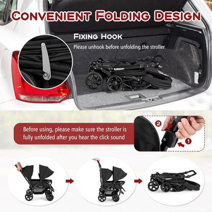 HONEY JOY Double Stroller, Foldable Lightweight Infant Twin with Tandem Seating, 5-Point Harness, Recline Seat, Storage Basket, Compact Baby Double Stroller Newborn and Toddler (Black)