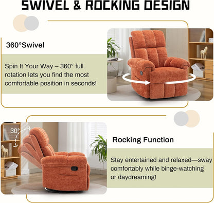 Korser Recliner Chair, Swivel Rocker Recliner Chair for Adults, Small Recliners for Small Spaces, Upholstered Manual Recliner with Side Pockets, Nursery Rocking Chair for Living Room, Chenille, Beige