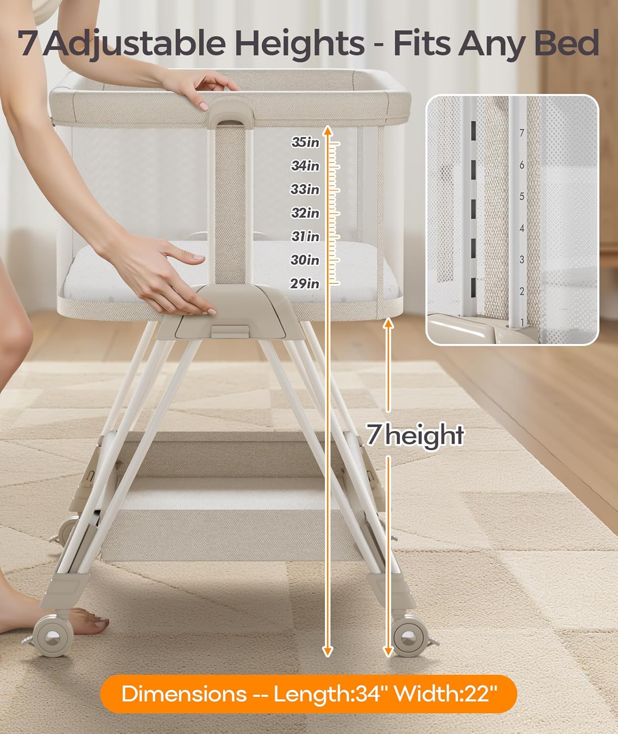 Fodoss Baby Bassinets Bedside Sleeper - 3-in-1 Baby Bassinet with Wheels, Soft Mattress, Storage Tray, Full-Mesh Sides, 7-Height Adjustable Crib for Newborns
