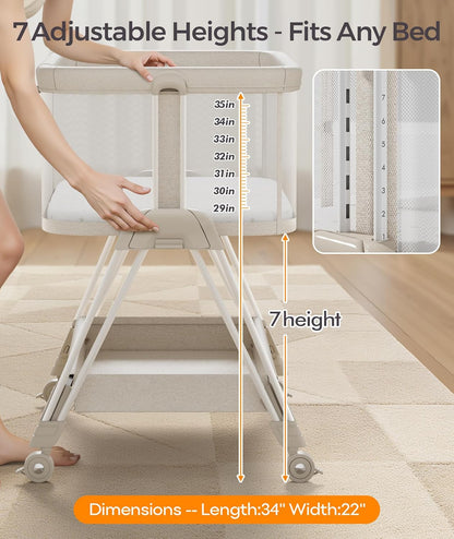 Fodoss Baby Bassinets Bedside Sleeper - 3-in-1 Baby Bassinet with Wheels, Soft Mattress, Storage Tray, Full-Mesh Sides, 7-Height Adjustable Crib for Newborns