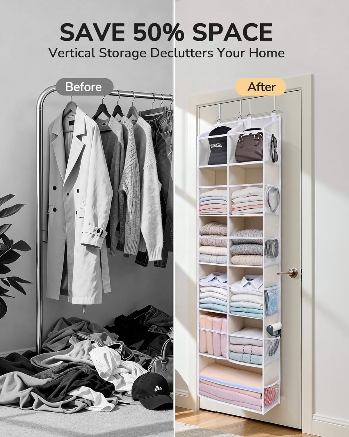 ULG 1 Pack Over Door Organizer with 5 Large and 10 Mesh Side Pockets, 44 lbs Weight Capacity Hanging Storage with Clear Window Kids Toys, Shoes, Diapers, Dark Grey, 5 Layers