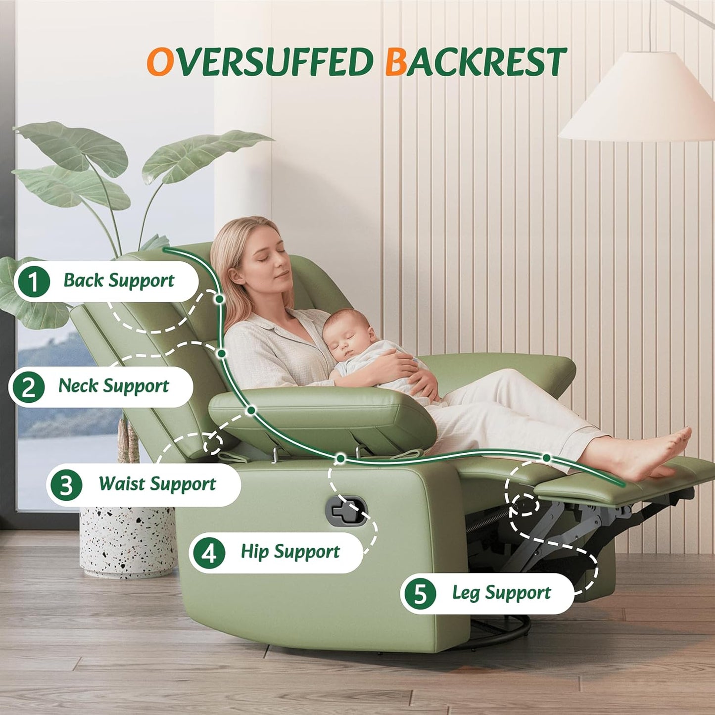 AILEEKISS Nursery Glider Recliner Chair with Adjustable Armrests, Swivel Rocking Recliner for Breastfeeding Moms, 360° Swivel, 30° Rocking, 90°-160° Recline, Easy-Clean Nursery Chair(White)