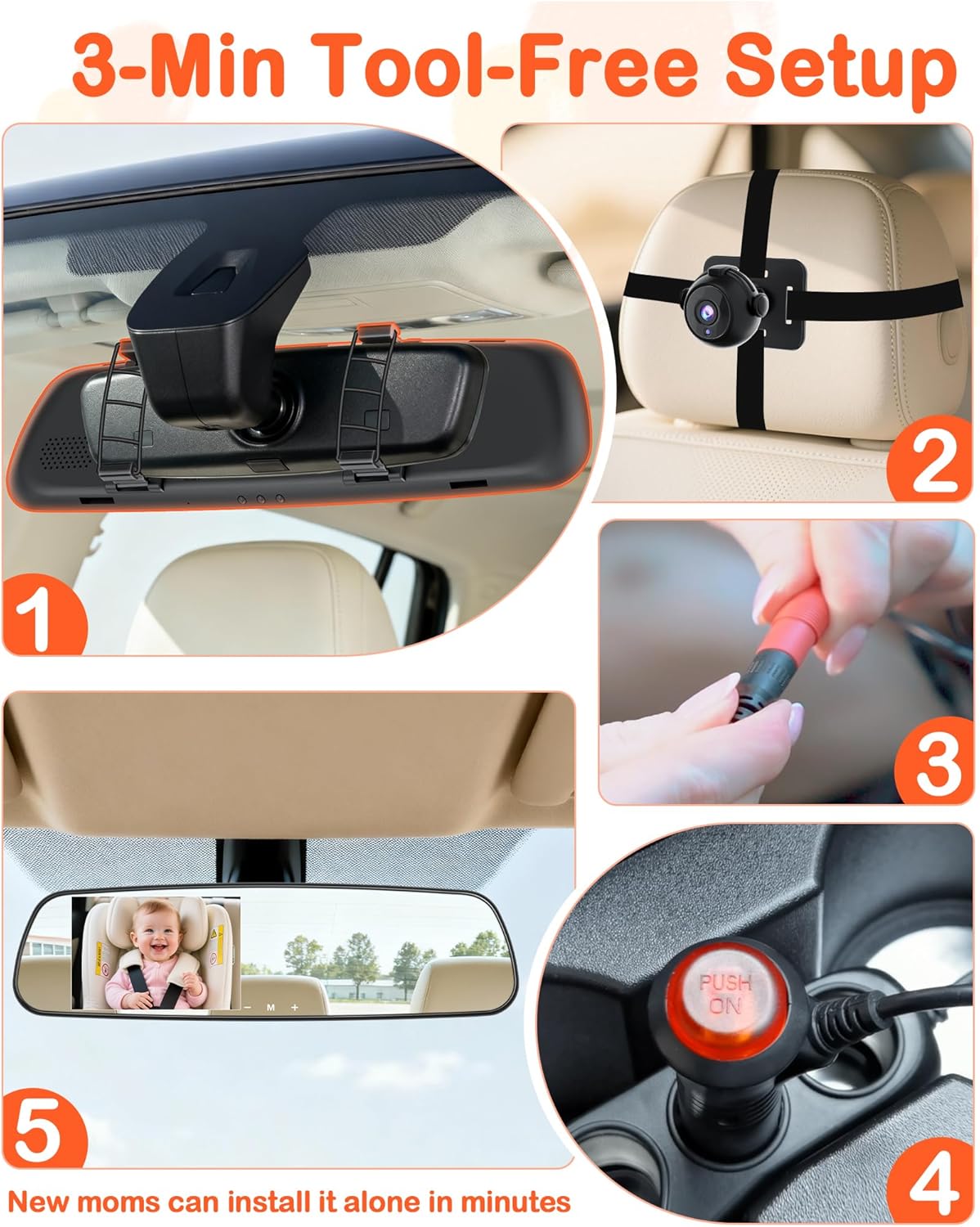 Pemacom Baby Car Mirror Camera: Dash-Free 4.3-inch HD Clear Night Vision Wide Angle View for Infant Backseat Monitoring - Plug-Play No-Professional Installation for Parents Long Road Driving