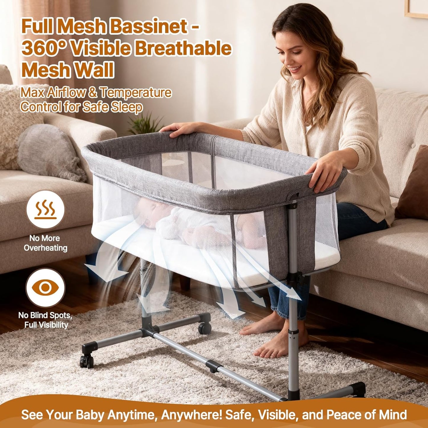 Baby Bassinet Bedside Sleeper, 2-in-1 Bedside Bassinet with Wheels, 5 Height Adjustable Baby Crib, Breathable Full Mesh & Mattress, Stable and Secure Bassinets for Newborn Infant, Grey