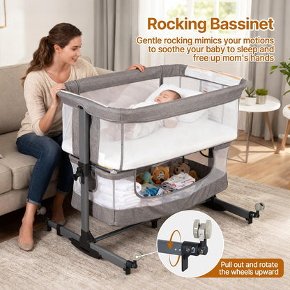 Baby Bassinet Bedside Sleeper, 3-in-1 Bedside Bassinet, 5 Height Adjustable Rocking Baby Crib, Breathable Full Mesh, Mosquito Net, Storage Basket, Stable and Secure Bassinets for Newborn (Pink)