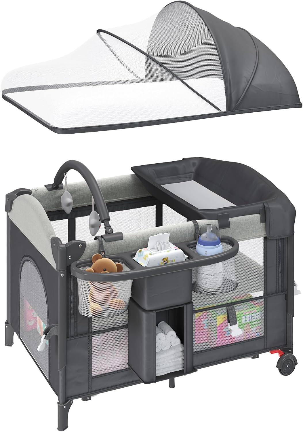 5-in-1 Baby Bassinet Bedside Sleeper with Swing Tube Converts to Cradle, Baby Crib with Mattress, Detachable Diaper Changer, Mosquito Net and Toy - Black