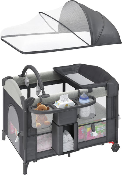 5-in-1 Baby Bassinet Bedside Sleeper with Swing Tube Converts to Cradle, Baby Crib with Mattress, Detachable Diaper Changer, Mosquito Net and Toy - Black