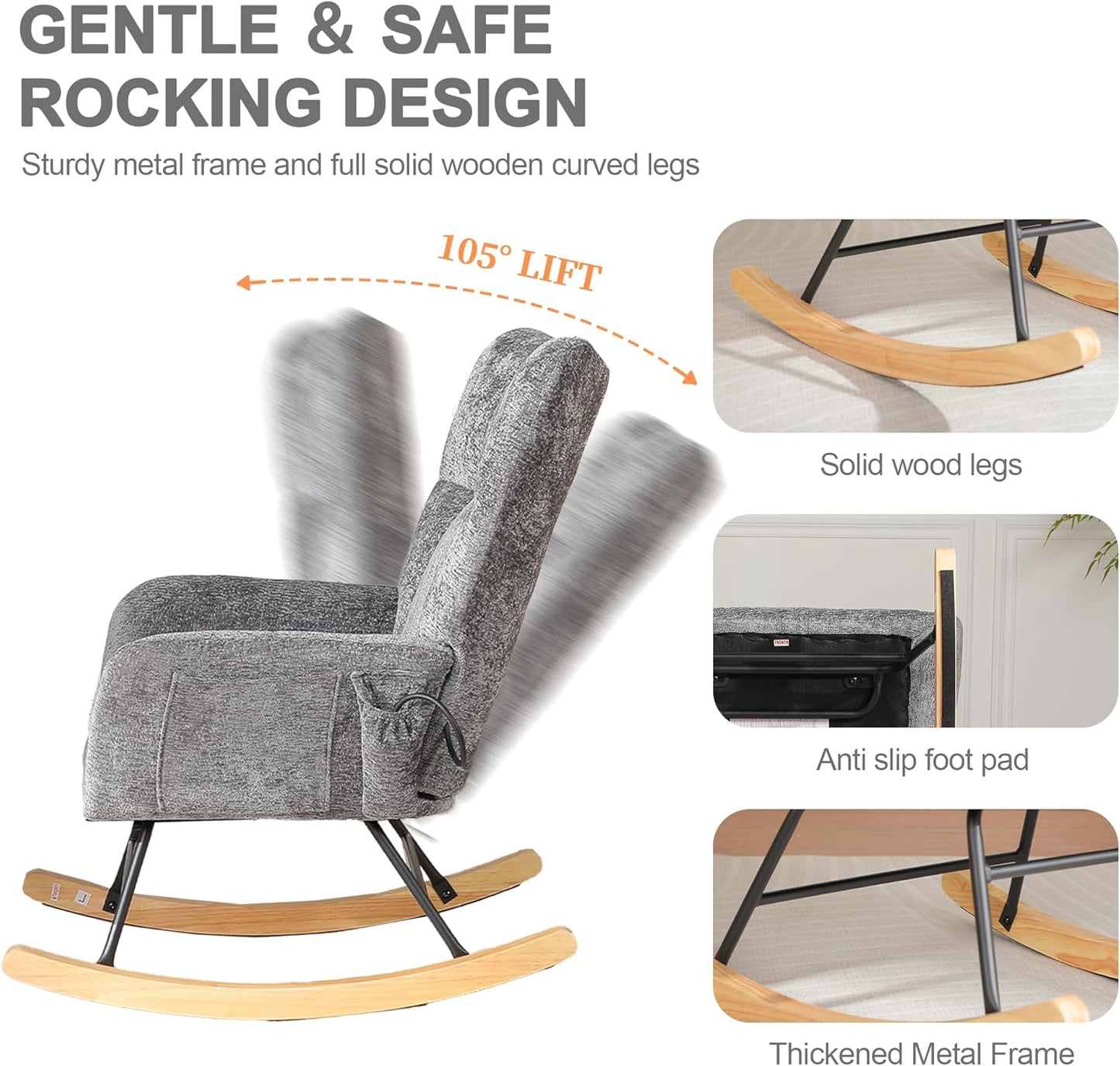Rocking Chair Nursery with Airbag, Comfy Modern Nursery Rocking Reading Chair indoor with Footrest, Cozy Upholstered Glider Rocker Chairs for Living Room Bedroom Offices(Chenille, Dark Grey)