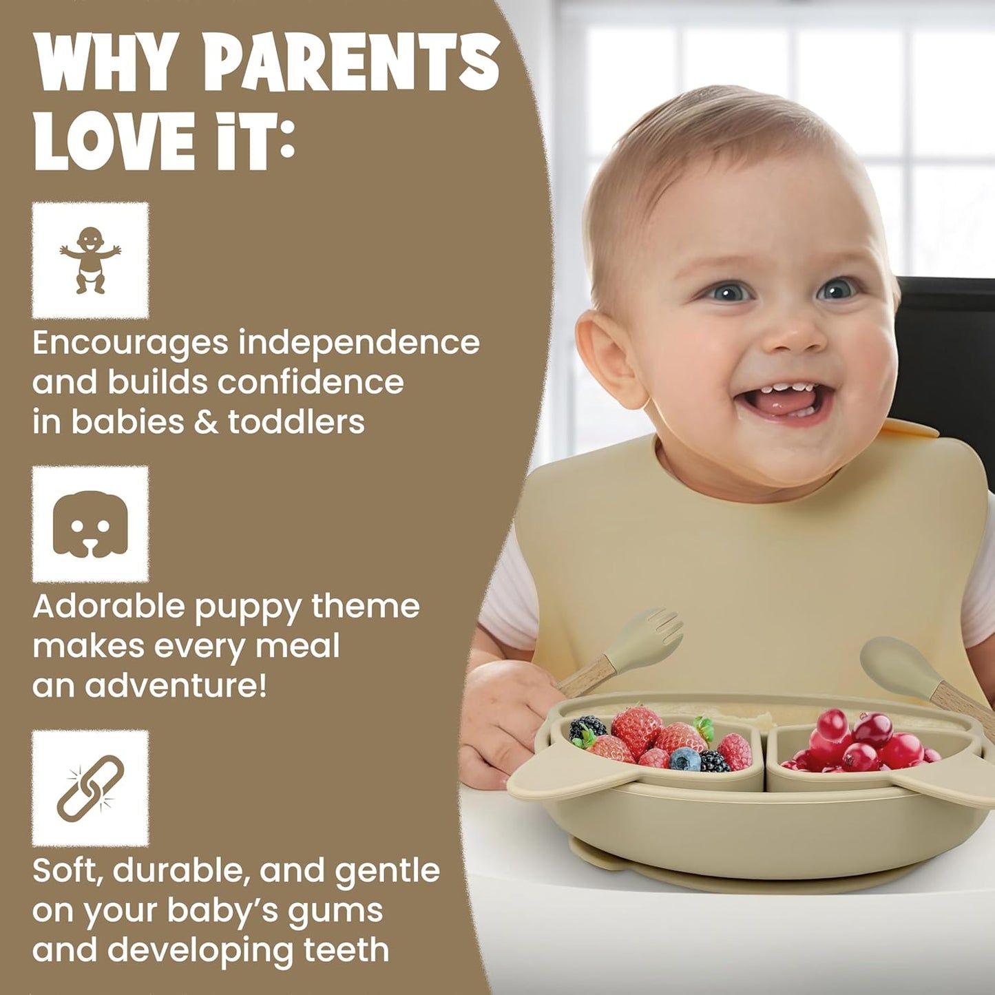 Baby Feeding Essentials, Baby Led Weaning Supplies, Silicone Baby Feeding Set, with Baby Spoon, Fork, Baby Bib, Sippy Cup, Suction Plate, Suction Bowl, Baby Eating Essentials, 6+ Months (Beige)