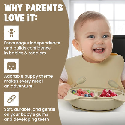 Baby Feeding Essentials, Baby Led Weaning Supplies, Silicone Baby Feeding Set, with Baby Spoon, Fork, Baby Bib, Sippy Cup, Suction Plate, Suction Bowl, Baby Eating Essentials, 6+ Months (Beige)