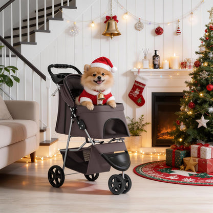 MoNiBloom Foldable Pet Stroller with Weather Cover, 3 Wheels Pet Strolling Cart for Small/Medium Dogs and Cats with Storage Basket and Cup Holder, Breathable and Visible Mesh for All-Season, Black