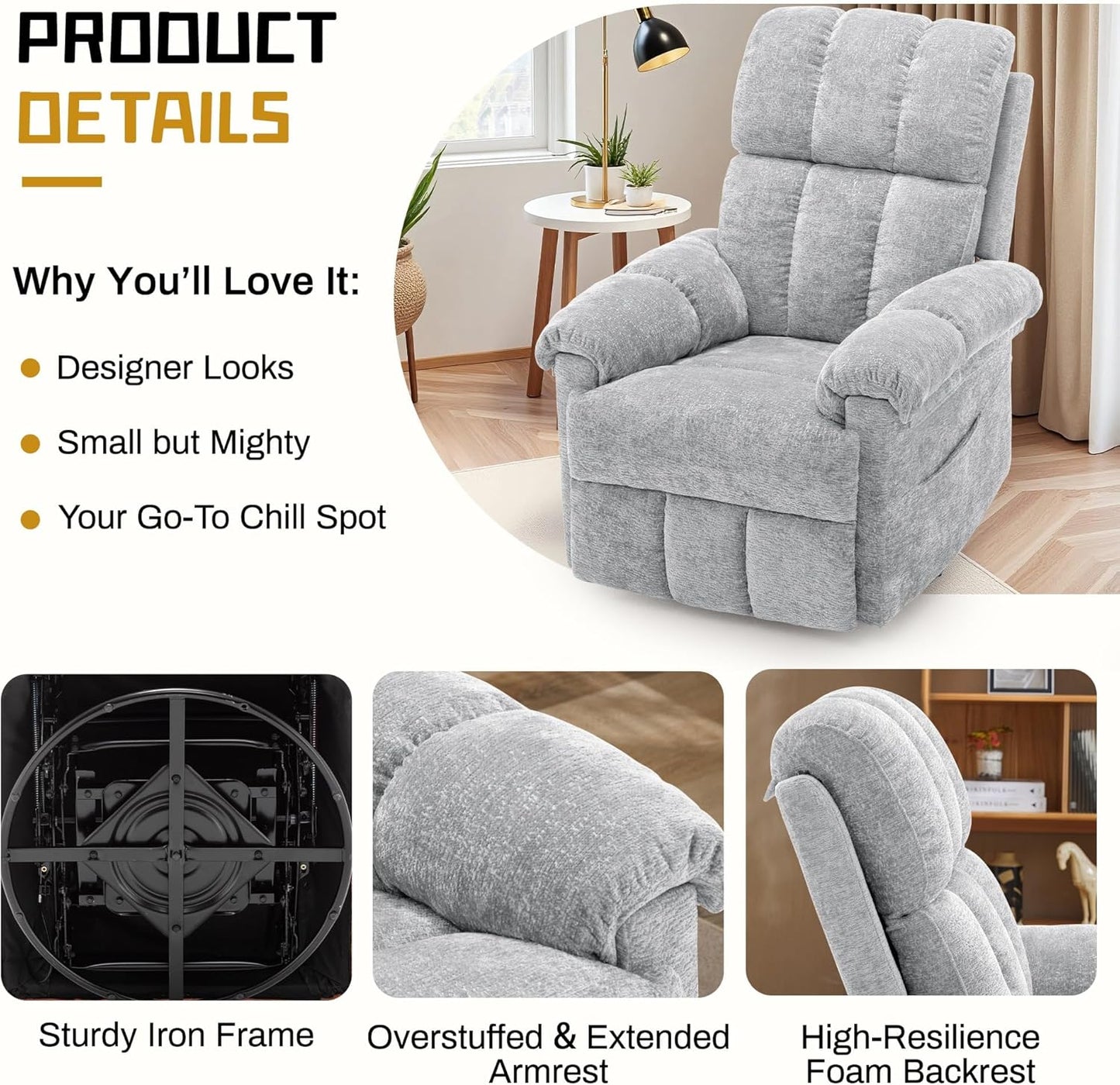 Korser Recliner Chair, Swivel Rocker Recliner Chair for Adults, Small Recliners for Small Spaces, Upholstered Manual Recliner with Side Pockets, Nursery Rocking Chair for Living Room, Chenille, Beige