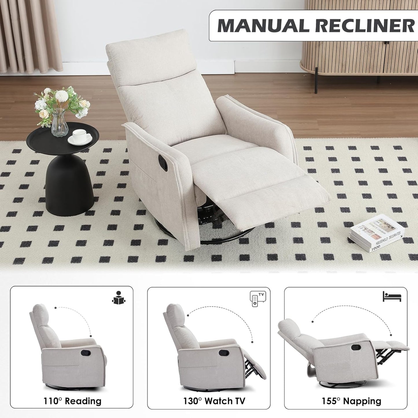 Trustyue Swivel Rocker Recliner Chair, 360° Swivel Recliner with Heat and Massage, Rocker Recliner Nursery Glider Chair with Side Pockets for Living Room (Beige, Fabric)