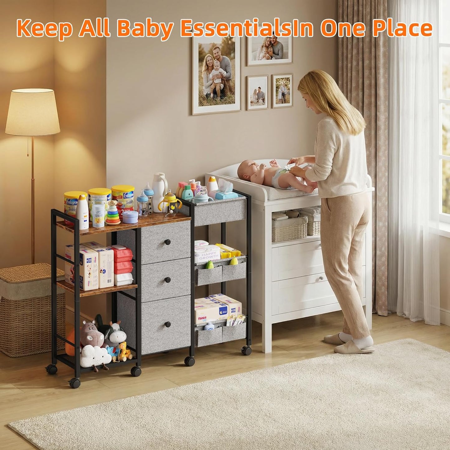 GYIIYUO Diaper Caddy Cart with Storage Fabric Drawers/Open Shelves, Baby Caddy Organizer, 3-Tier Rolling Utility Cart on Wheels for baby nursery essentials,bedside,makeup(Rustic Brown)