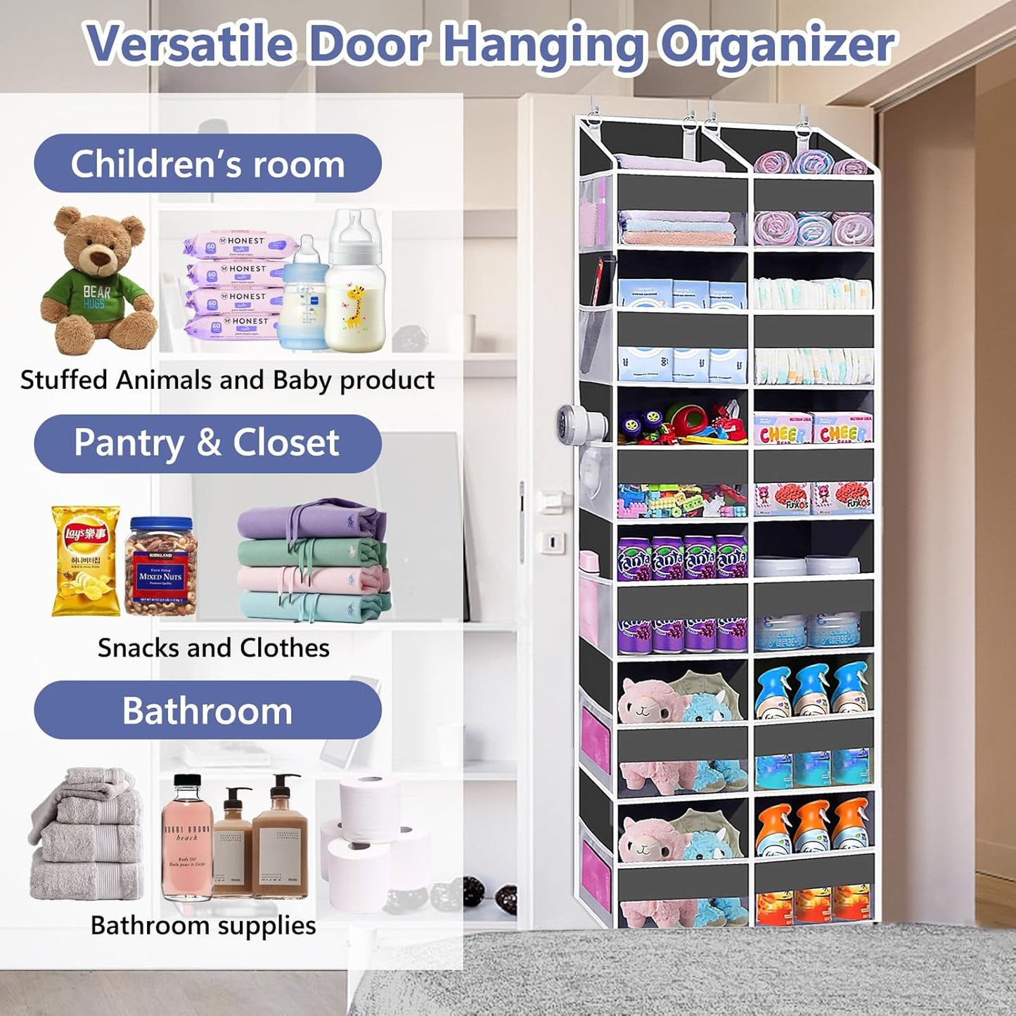 Heavy Duty Over The Door Organizer 5 Tiers, Extra Large Behind Door Storage of 10 Big Front & 10 Mesh Pockets, 80lb Weight Capacity, Hanging Doors Storage Organizer for Closet Bedroom Nursery, Grey