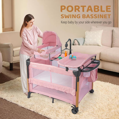 JOYMOR 7 in 1 Bedside Bassinet with Changing Table, All in One Nursery Center, Bedside Sleeper with Mattress, Sheet, Canopy, Storage Shelf,Gray