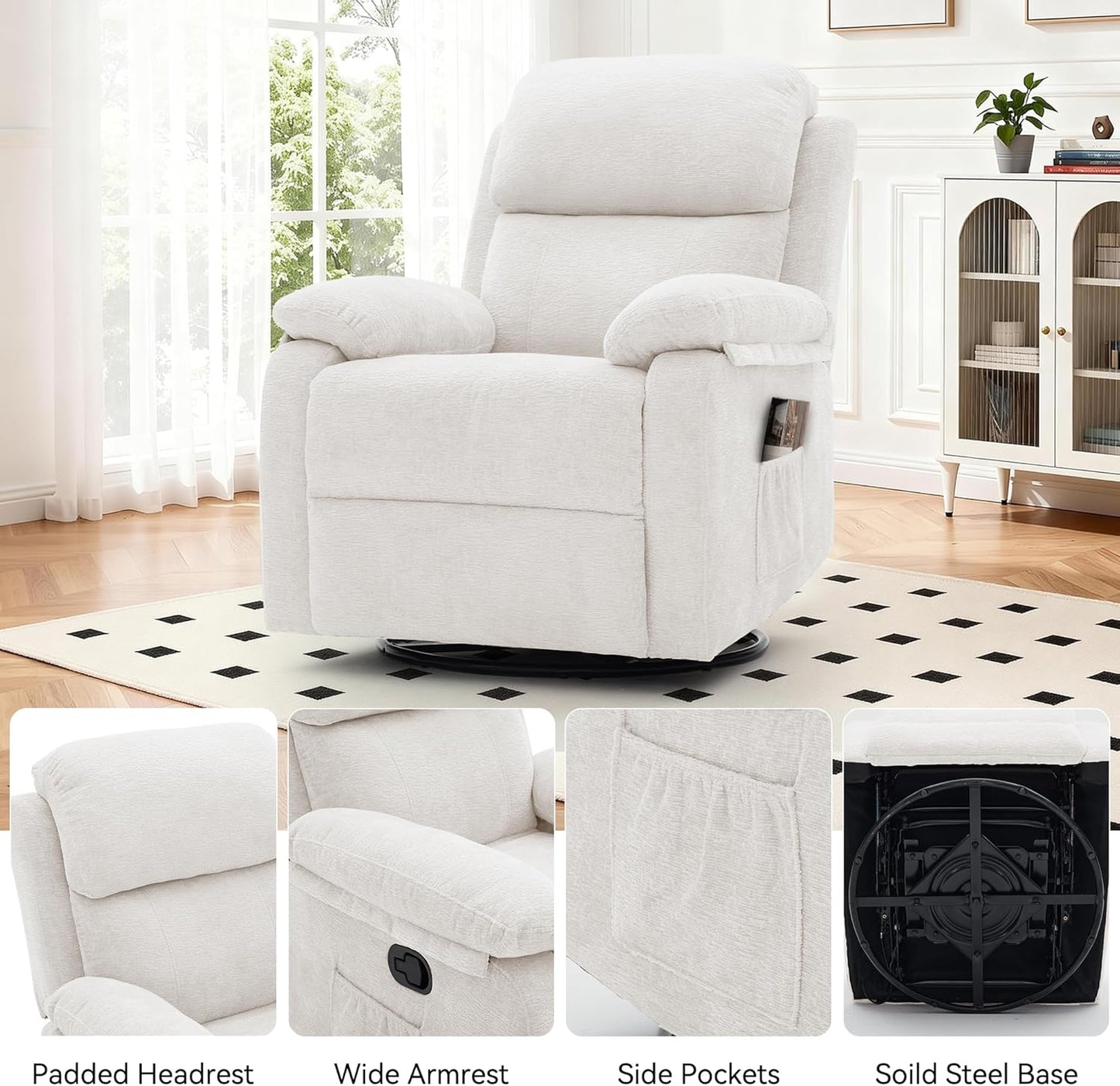 Korser Recliner Chair, 360 Swivel Rocker Chair for Adults, Small Rocking Recliner for Small Spaces, Upholstered Fabric Glider Recliner Nursery