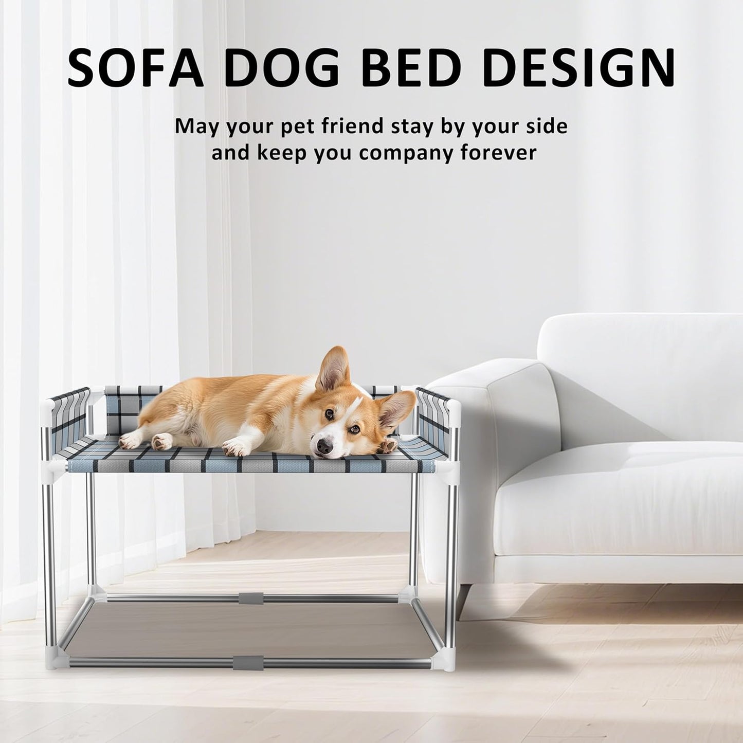 Bedside Window Pet Cat Bed - Dog Bed with Guardrail Extension Attached to Human Bed Height Elevated Dogs Cats Window Perch Bedside Dog Cot Sleeper Hammock Furniture Pet Beds (34'' x 20'' x 24'')