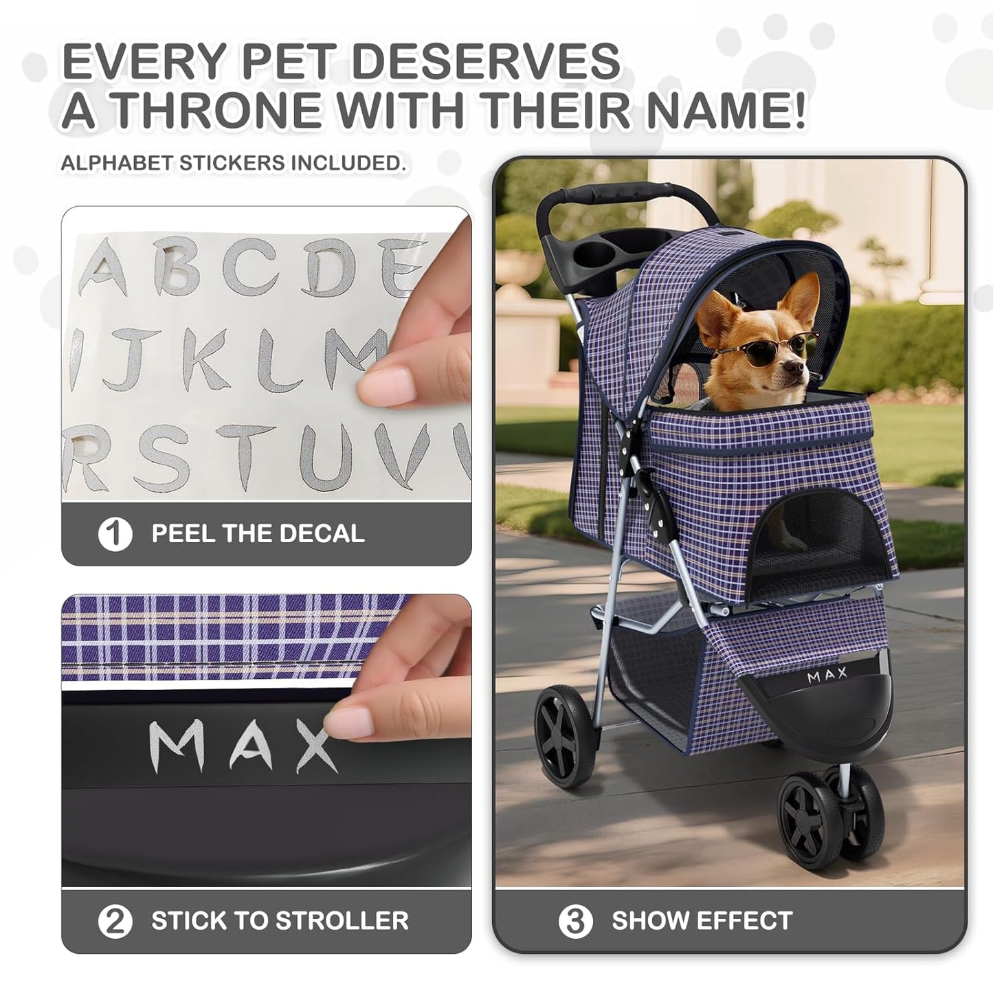 MoNiBloom Foldable Pet Stroller with Weather Cover, 3 Wheels Pet Strolling Cart for Small/Medium Dogs and Cats with Storage Basket and Cup Holder, Breathable and Visible Mesh for All-Season, Black