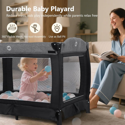 Kinder King 4 in 1 Foldable Pack and Play with Bassinet & Changing Table, Portable Playard for Babies and Toddlers, Adjustable Canopy, Storage Bag, Light Gray