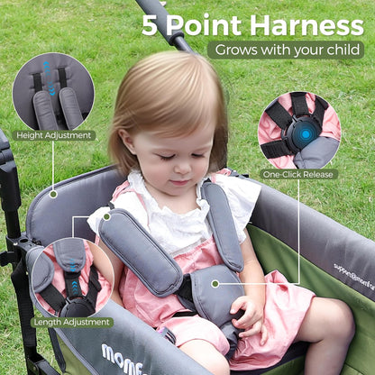 Stroller Wagon for 2 Kids with Canopy, Foldable All-Terrain Wagon Stroller with Adjustable Push/Pull Handle, Parent Organizer, 5-Point Harness, Ideal for Travel & Outdoor Adventures, Meadow Green
