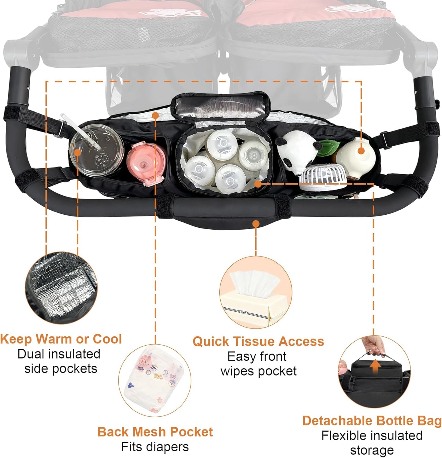 Double Stroller Organizer for Bob Duallie and Baby Jogger City Mini GT2, Double Jogging Stroller Caddy with 2 Insulated Cooler Pockets & Detachable Bag