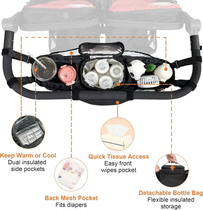 Double Stroller Organizer for Bob Duallie and Baby Jogger City Mini GT2, Double Jogging Stroller Caddy with 2 Insulated Cooler Pockets & Detachable Bag