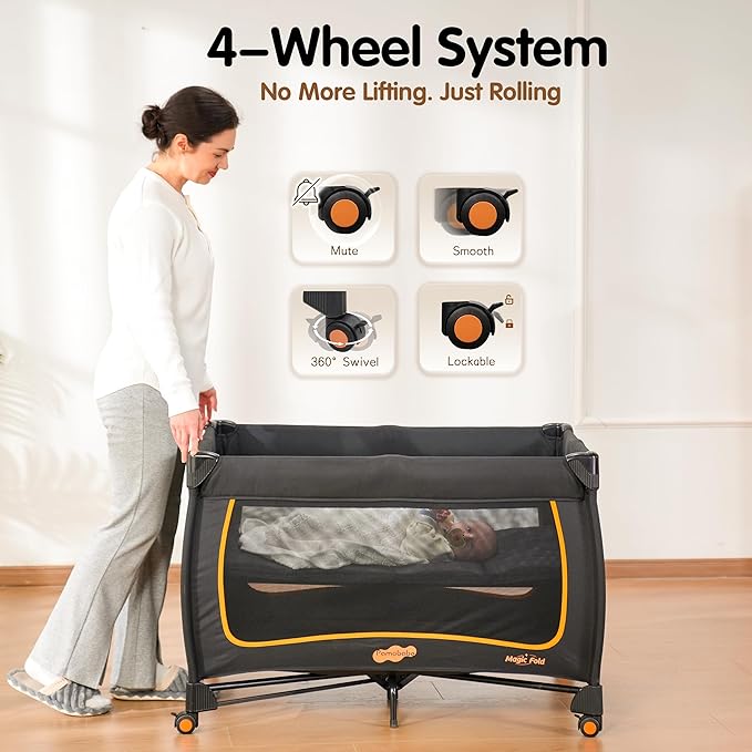 Pamo Babe 6 in 1 Baby Pack and Play with Bassinet - One-Step Setup Travel Crib, Small Portable Playpen for Babies, Portable Baby Bassinet, Changing Table, Toys Bar & Extra Large Storage Bag