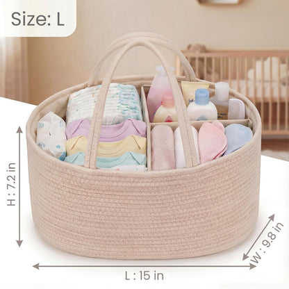 luxury little Diaper Caddy Organizer, Large Cotton Rope Nursery Baby Basket, Changing Table Organizer for Baby Diaper Storage, Portable Car Organizer Removable Divider (Off White, Large)