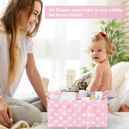 Pink Diaper Caddy Organizer for Baby Girl-Large Portable Diaper Caddy Basket for Changing Table-Diaper Organizer Caddy-Car Travel Tote Bag-Newborn Registry Baby Shower Basket for Diapers & Wipes