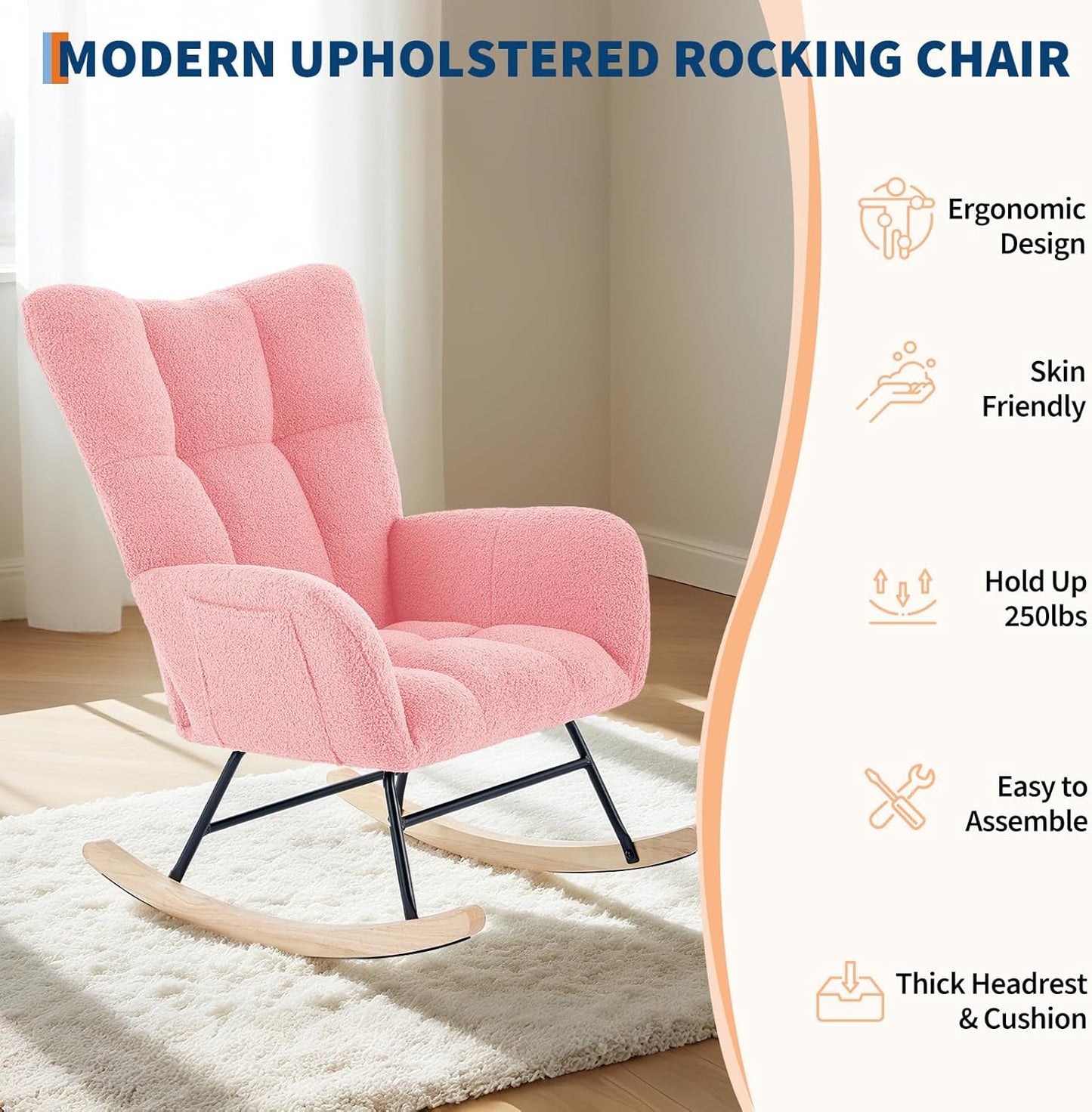 Garvee Teddy Fleece Nursery Rocking Chair,Upholstered Baby Glider Rocker with Soft Seat and High Backrest,Modern 300 Lbs Weight Capacity Accent Recliner for Living Room, Bedroom