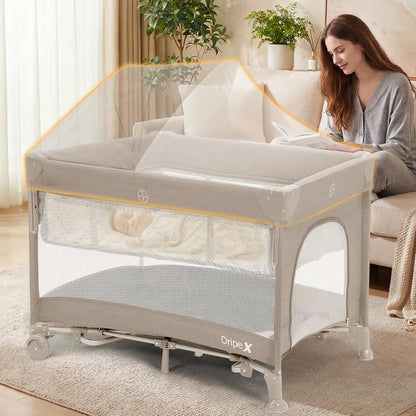 Dripex 5 in 1 Pack n Play Bedside Sleeper, 2-Level Height Baby Crib, Storage Pocket & Breathable Mesh - Foldable Portable Baby Bedside Bassinet for 0 to 12 Months (Travel/Home), Dark Grey