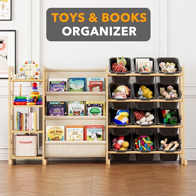 SpaceAid 3-in-1 Toy Storage Organizer with 4 Shelves and 12 Bins, Toy Organizers Storage 3-Tier Bookshelf, Kids Bin Shelf Box Bookcase for Bedroom Playroom Organization Room Decor, True Black