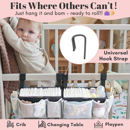 2-Pack Hanging Diaper Organizer for Crib & Changing Table | 50+ Large Capacity Baby Diaper Caddy, Washable Newborn Essentials Organizer for Baby Girl, Ideal Baby Shower Gifts with Hook Straps