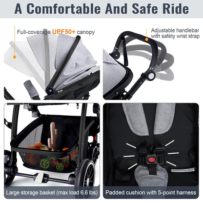 Baby Stroller, 2-in-1 Reversible Toddler Seat with Lie-Flat Mode, Foldable Infant Stroller with Canopy, One Button Brake, Adjustable Handle, Newborn Pushchair (Black B)