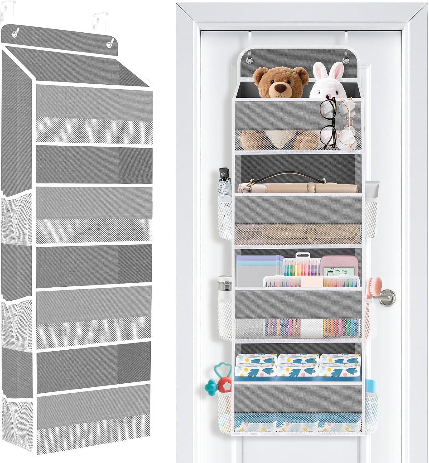 SpaceWhisper Over the Door Organizer, 4 Large Pocket Hanging Storage Organizer with 40lb Capacity, Space Saving for Nursery, Bathroom, Bedroom, Closet - Baby Essentials & Toiletry Organizer (Pink)