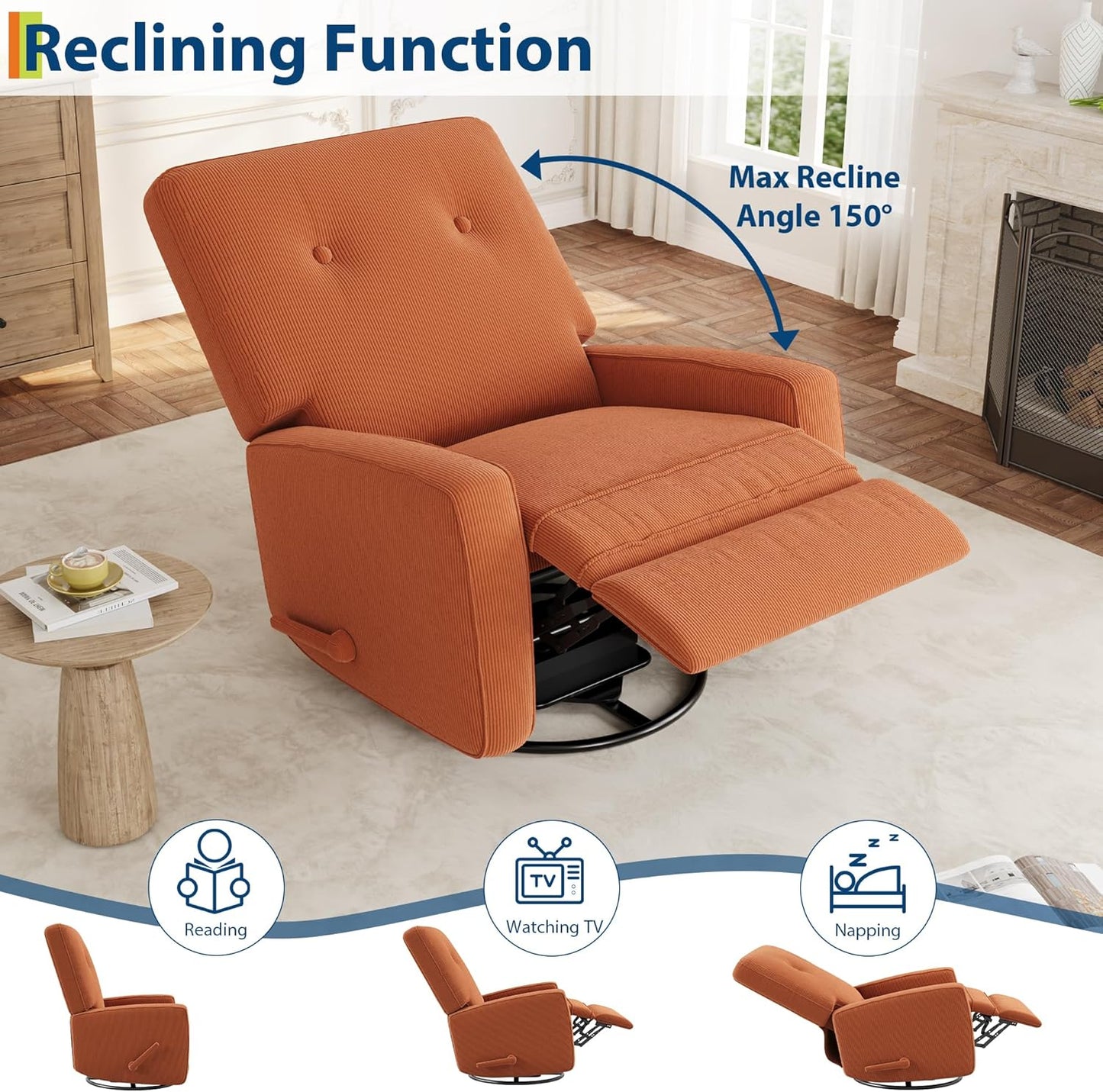 IDEALHOUSE Recliner Chair, 360° Swivel Rocking Glider Chair for Adults with Adjustable Backrest & Footrest, Cozy Linen Upholstered Armchair for Living Rooms, Bedrooms, Apartments, Beige