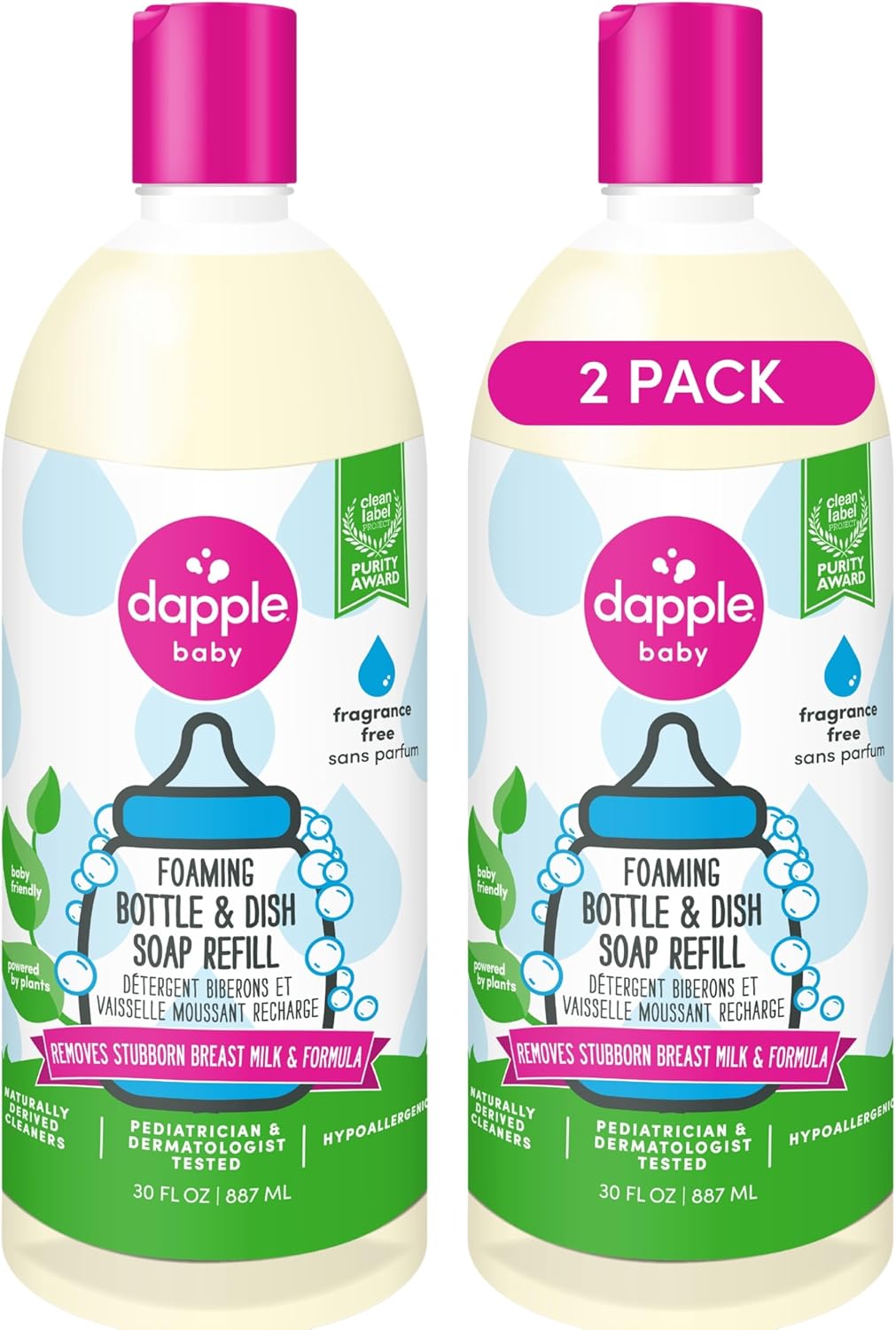 Dapple Baby Bottle & Dish Foaming Power Spray, Hypoallergenic Dish Soap for Baby Bottles, Powered by Plants, Fragrance Free, 16.9 Fl Oz (Pack of 2)