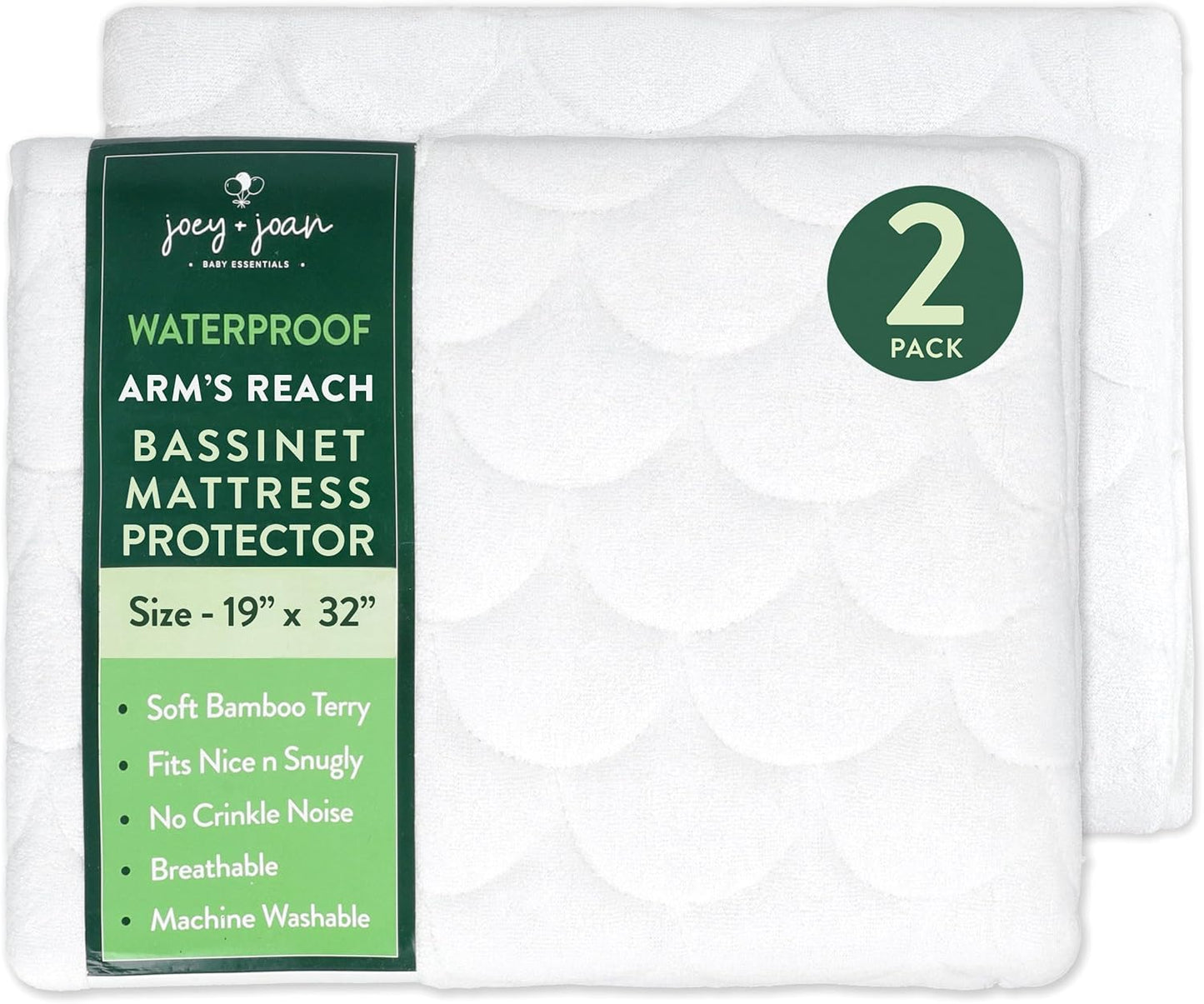 Joey + Joan Waterproof Bassinet Mattress Pad Cover 19" x 32" for Cowiewie Bedside Sleeper Bassinet Sheets – Made from Ultra Soft Bamboo Viscose Terry – 2 Pack