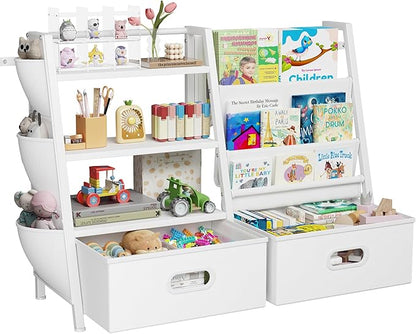 Homeiju Kids Bookshelf and Toy Storage Organizer, 3 Tier Kids Bookcase, Sling Bookshelf and 2 Toy Bins with Toy Storage Organizer for Children Room, Playroom, Nursery, White