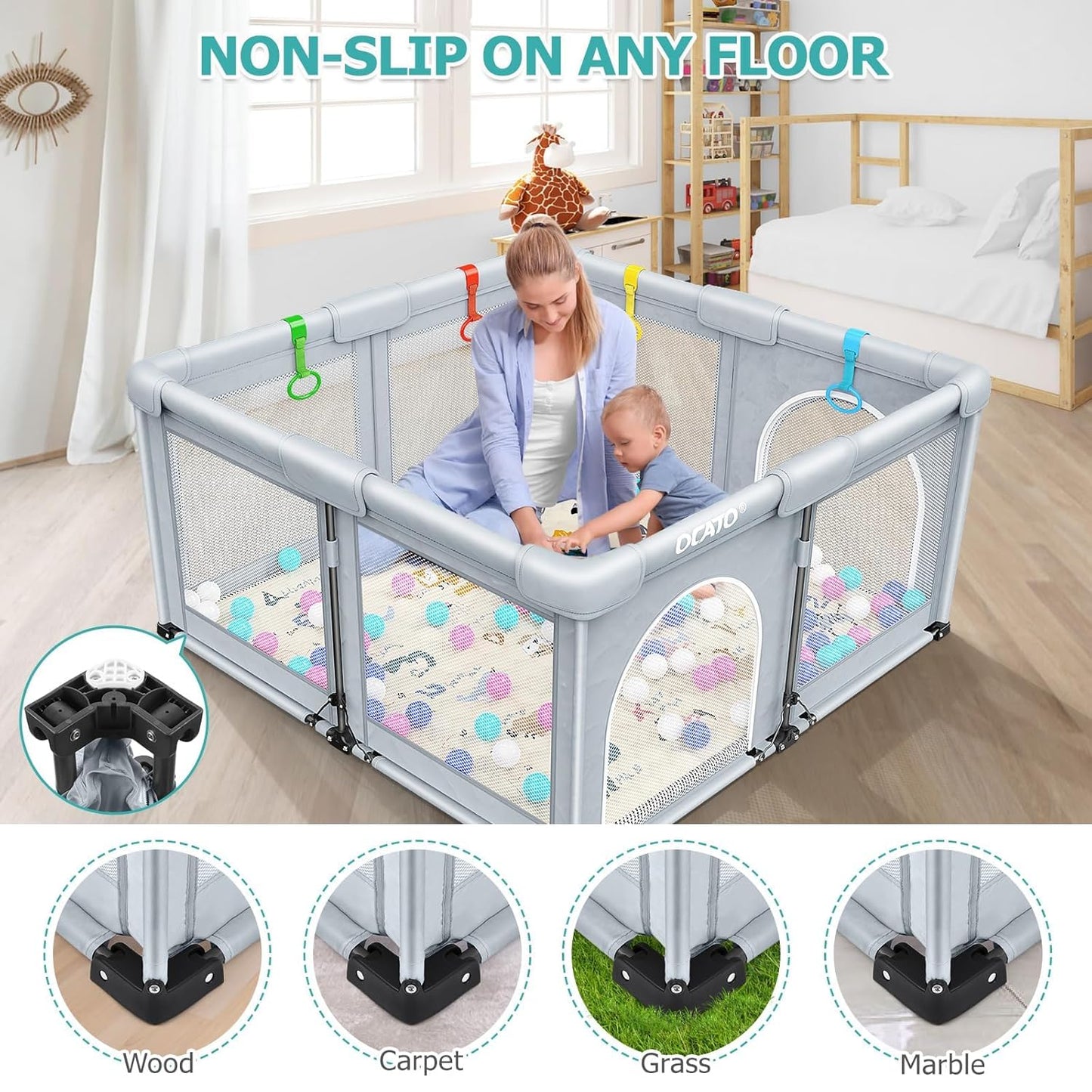 OCATO Baby Playpen Play Pen: Foldable Playpen for Babies and Toddlers Playard for Indoor Outdoor Activity Center Game Fence Safety Area Toddler Play Pen for Babies 6-12 Months Baby Gifts (50" × 50")