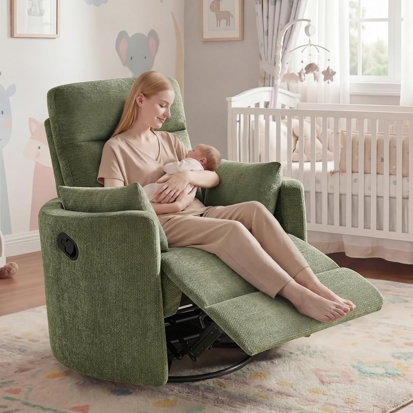 Nursery Rocking Chair, Oversized 360° Swivel Glider Recliner Chair, Upholstered Nursery Rocker with 2 Pillows and Footrest, Cozy Reclining Sofa for Living Room, Bedroom, Nursing, Olive