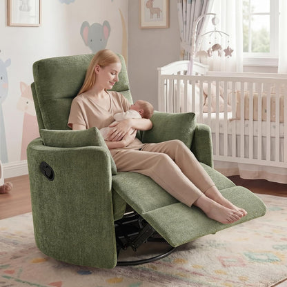 Nursery Rocking Chair, Oversized 360° Swivel Glider Recliner Chair, Upholstered Nursery Rocker with 2 Pillows and Footrest, Cozy Reclining Sofa for Living Room, Bedroom, Nursing, Olive